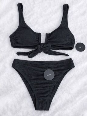 Lulus Black Textured Bikini Set Medium NWT Tie-Back High Cut Two Piece Swim